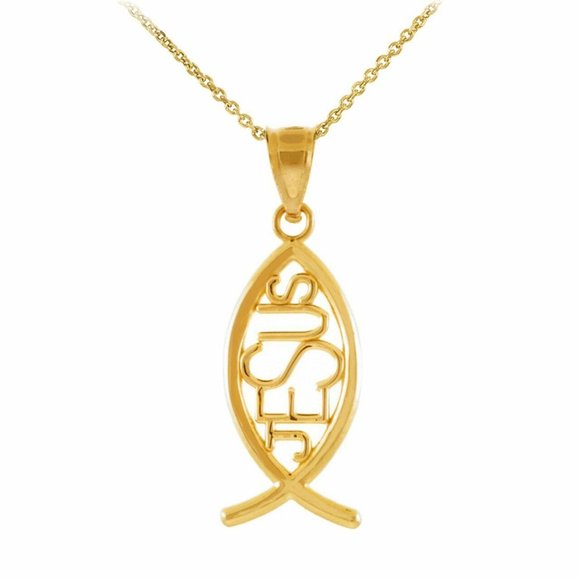 10k Solid Gold Ichthus JESUS Fish Vertical Necklace
